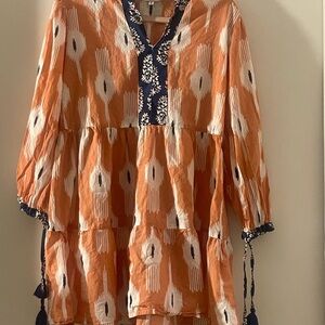 Free People Tiered Terracota Ivory & Navy mini dress /tunic blouse long sleeve